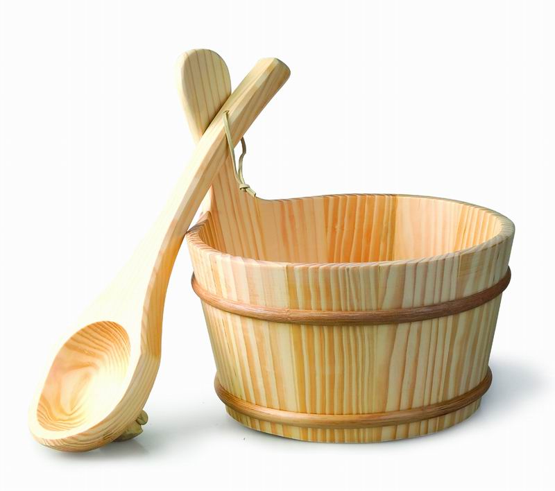 wooden sauna water bucket & wood scoop ladel & liner