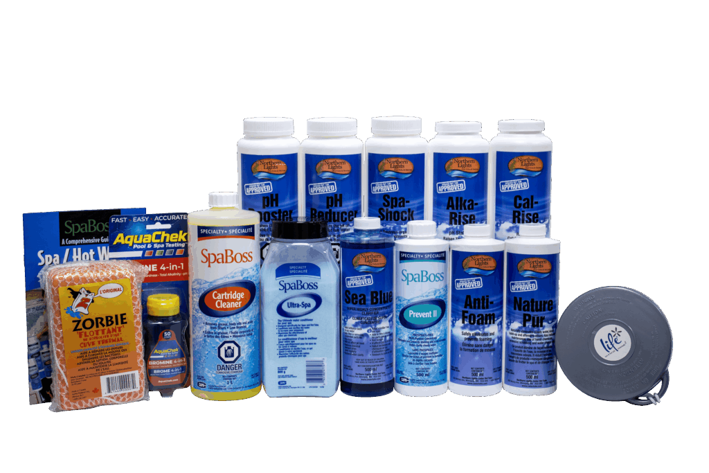 Northern Lights cedar hot tub starter chemical kit with test strips, sanitiser and pH adjusters