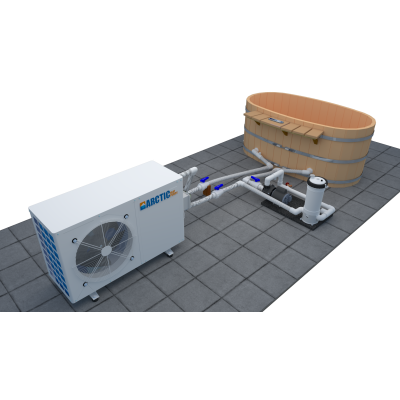 Japanese Wood Ofuro Soaking Tub for 2 - Air to Water Heat Pump