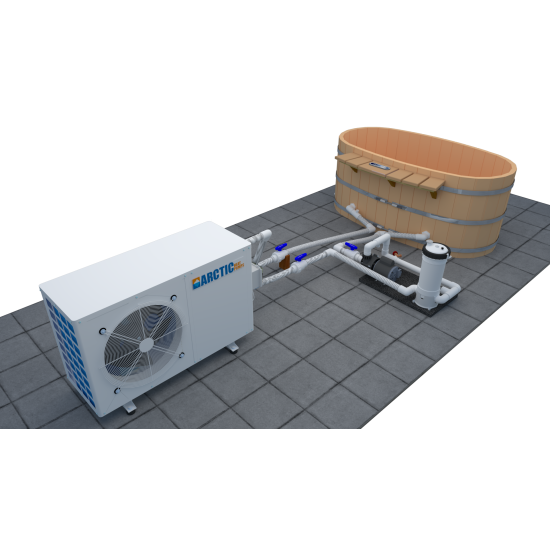 Japanese Wood Ofuro Soaking Tub for 2 - Air to Water Heat Pump