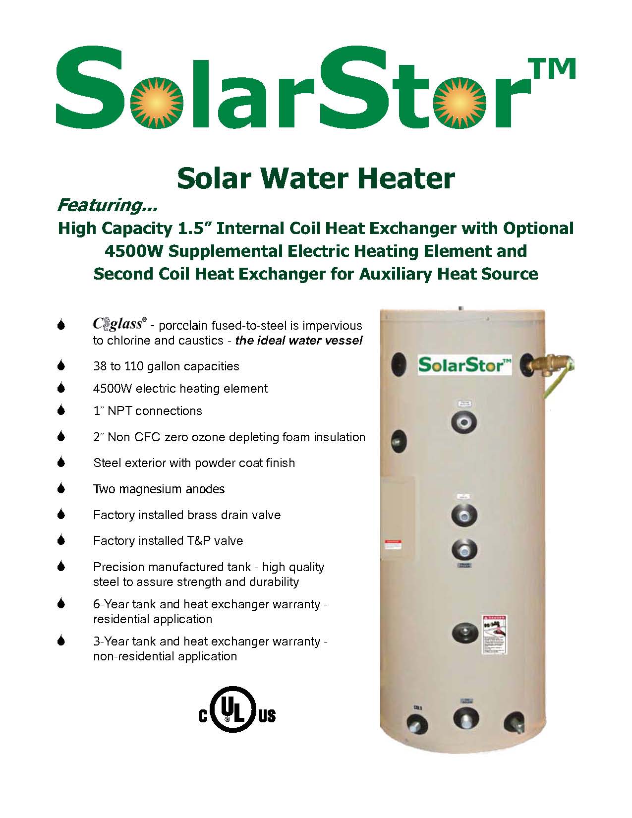 solar storage tank specifdications