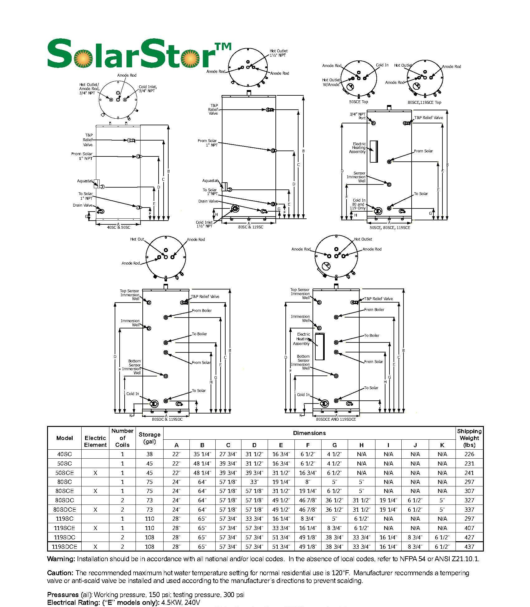 solar storage tank specifdications