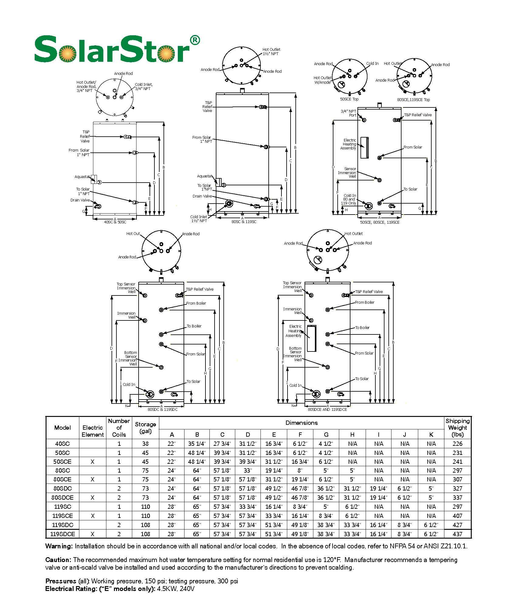 solar storage tank specifdications